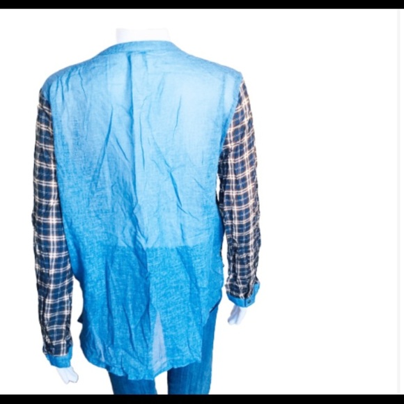 EN CREME (Anthropologie) Mixed Media Denim/Plaid Top/Shirt Jean Blue Size Large - Picture 3 of 8